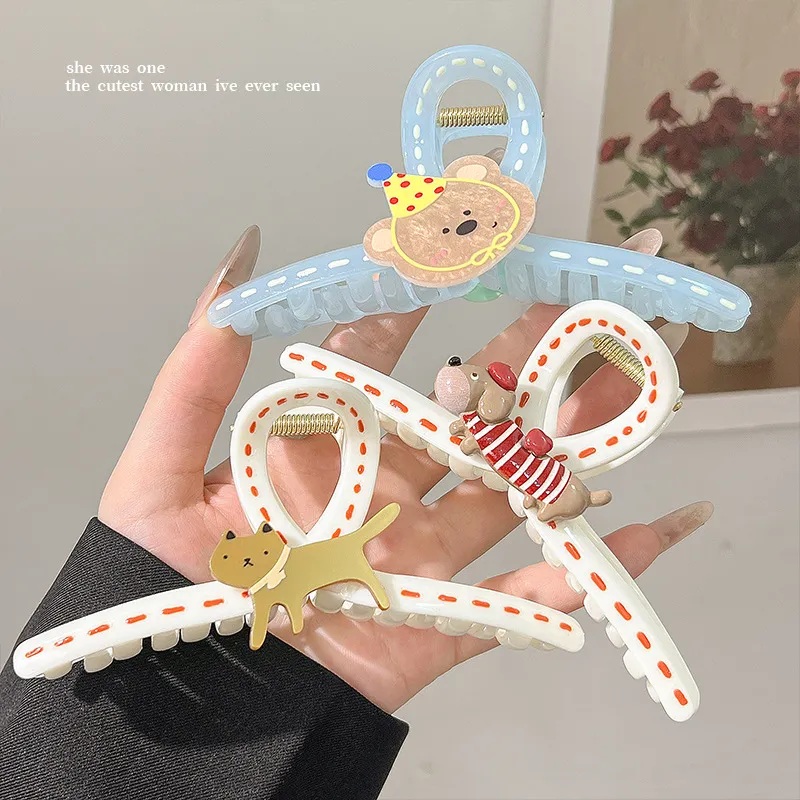 Cartoon Dog & Bear Claw Clip Set – Large Shark Hair Clips for Thick Hair, Strong Hold Jaw Clips for Back-of-Head Bun, Cute Animal Updo Hair Accessories for Women